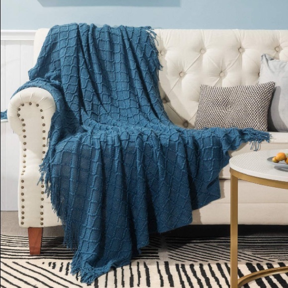 Navy Blue Diamond Bohemian Home Tassel Knit Throw Cozy Fringe Patterned Blanket - Picture 2 of 16